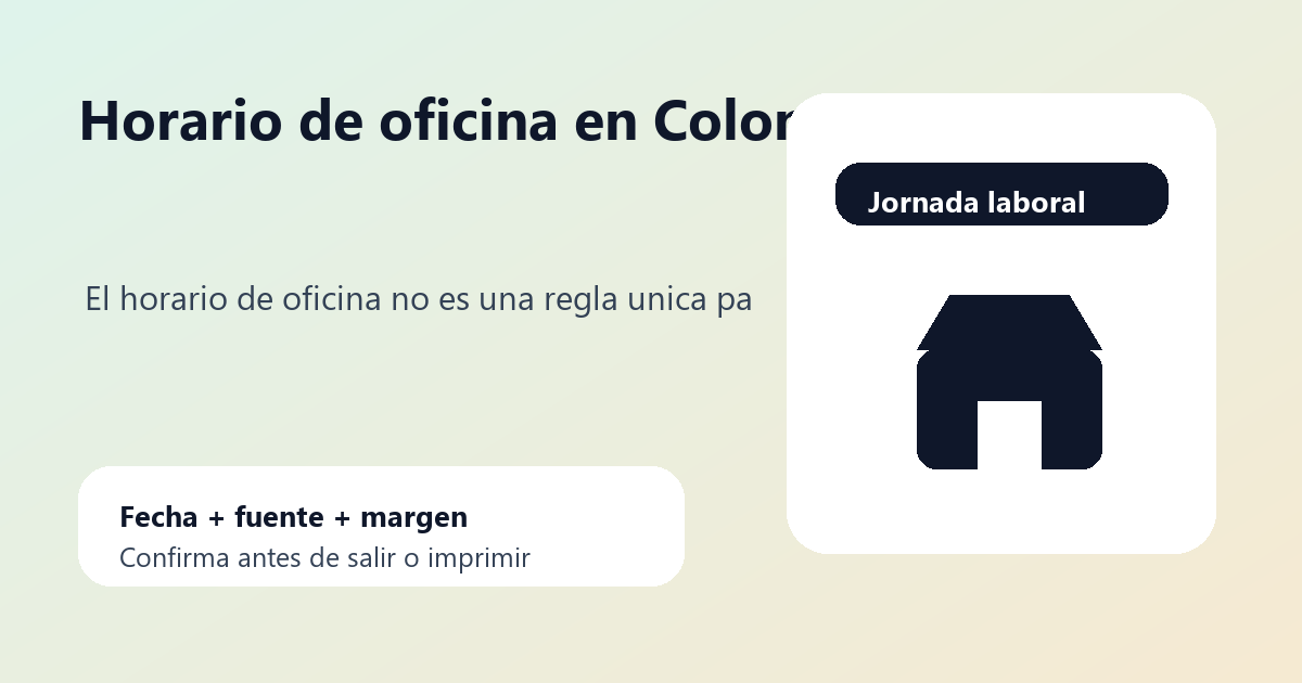 Horario de oficina en Colombia con reloj, calendario y mesa de trabajo